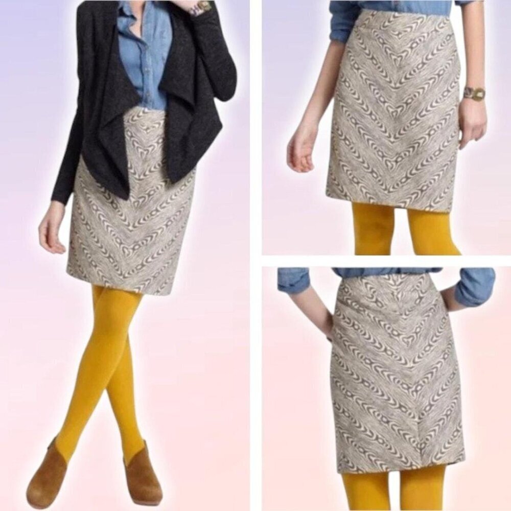 POSTMARK 9-H15 STCL Anthropologie Woodgrain Print Pencil Skirt Size 2 Cream Yell